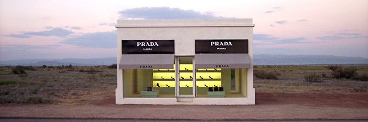 Mexico border Prada boutique permanent clay based sculpture that is completely isolated from its usual urban context