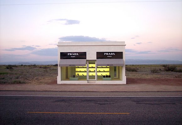 Mexico border Prada boutique permanent clay based sculpture that is completely isolated from its usual urban context